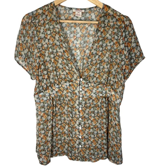 Sundance Silk Floral Baby Doll Top SZ 14 Green Yellow Blue Cottagecore Flowy EUC - Picture 1 of 7